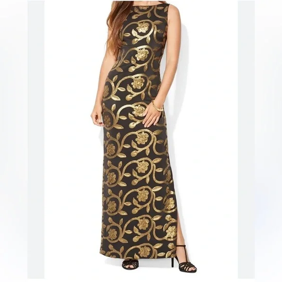 ralph lauren black and gold dress Vintage Ralph Lauren Silk Lamé Dot Halter Dress – Recess main image 1